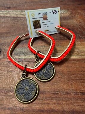 Women’s Gold-Tone Hoop Earrings with Coral Bead Trim and Charms